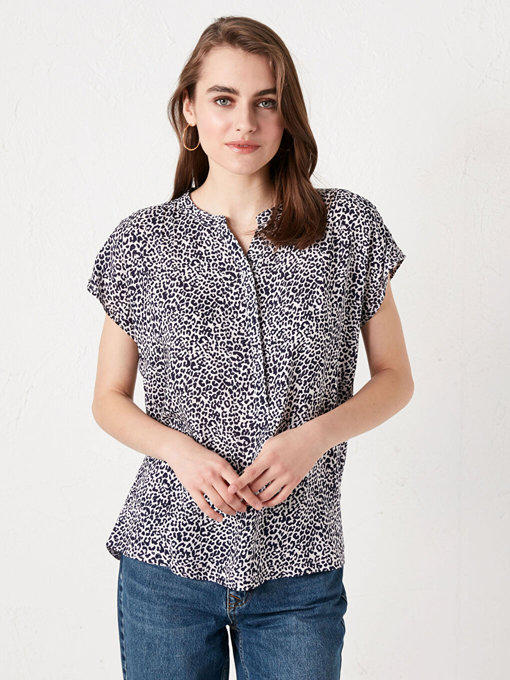 Turtle Neck Printed Short Sleeve Viscose Women's Blouse-1