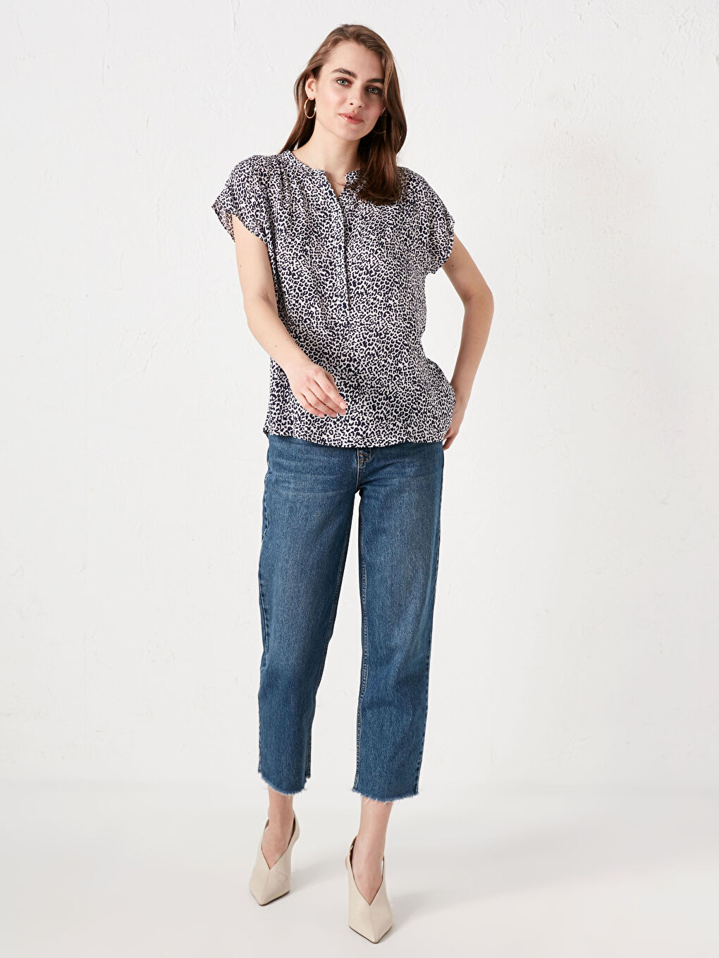 Turtle Neck Printed Short Sleeve Viscose Women's Blouse-2