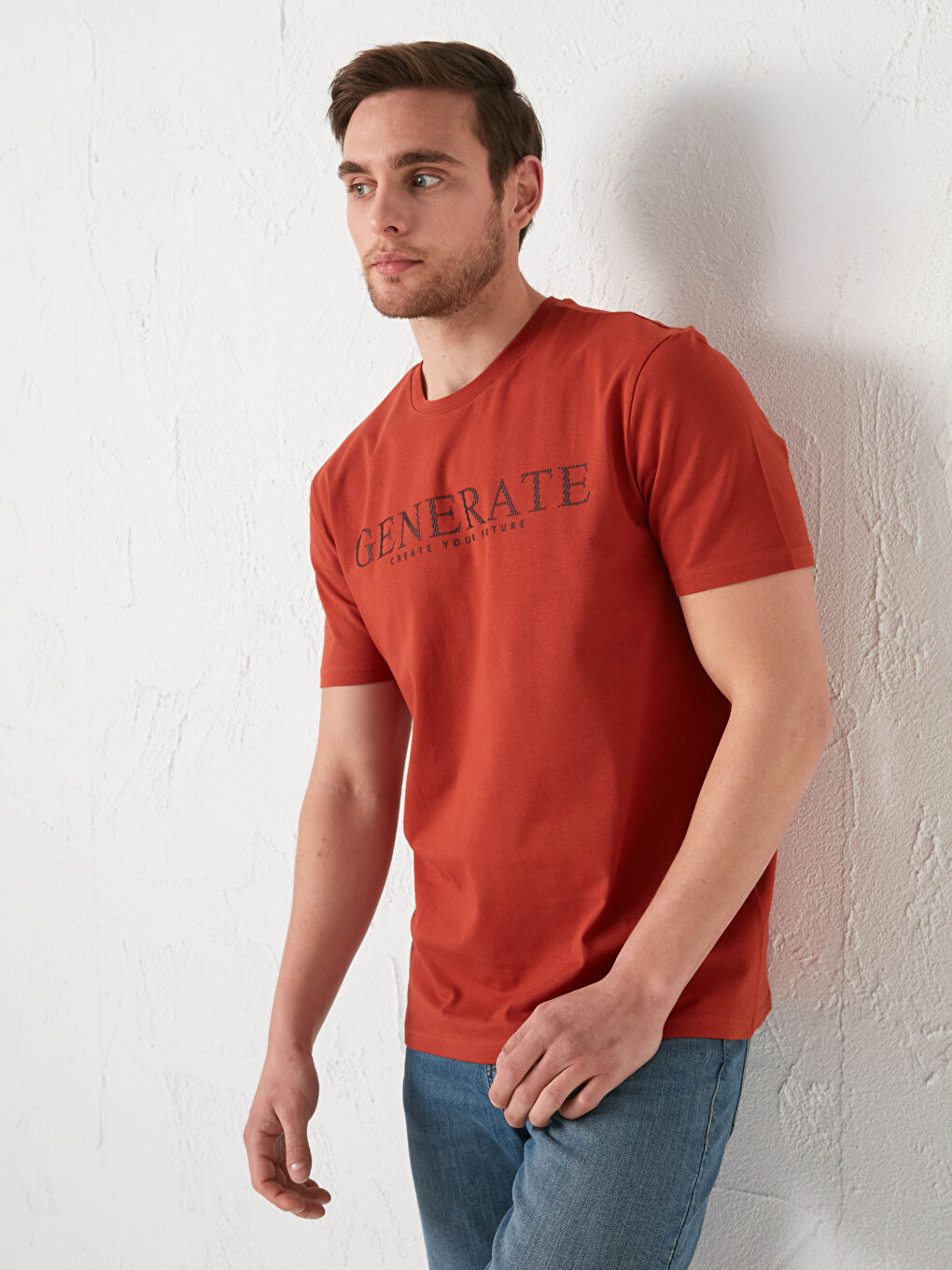 Kahverengi Bisiklet Yaka Kısa Kollu Baskılı Penye Erkek Tişört-1