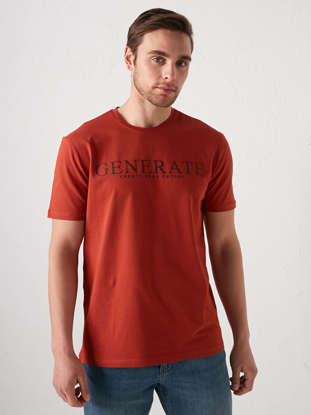 Kahverengi Bisiklet Yaka Kısa Kollu Baskılı Penye Erkek Tişört-2