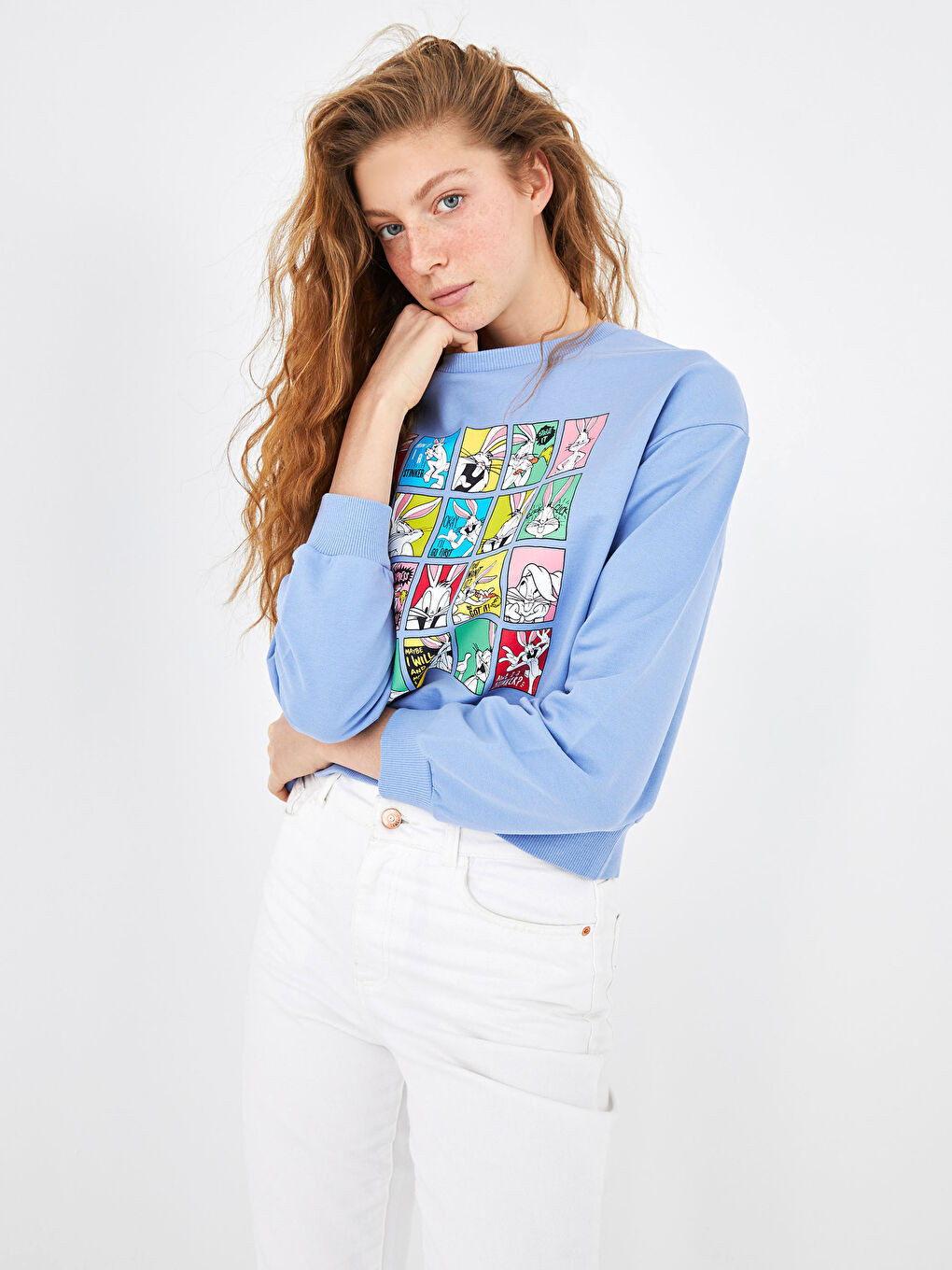 Mavi Bisiklet Yaka Bugs Bunny Baskılı Uzun Kollu Kadın Sweatshirt