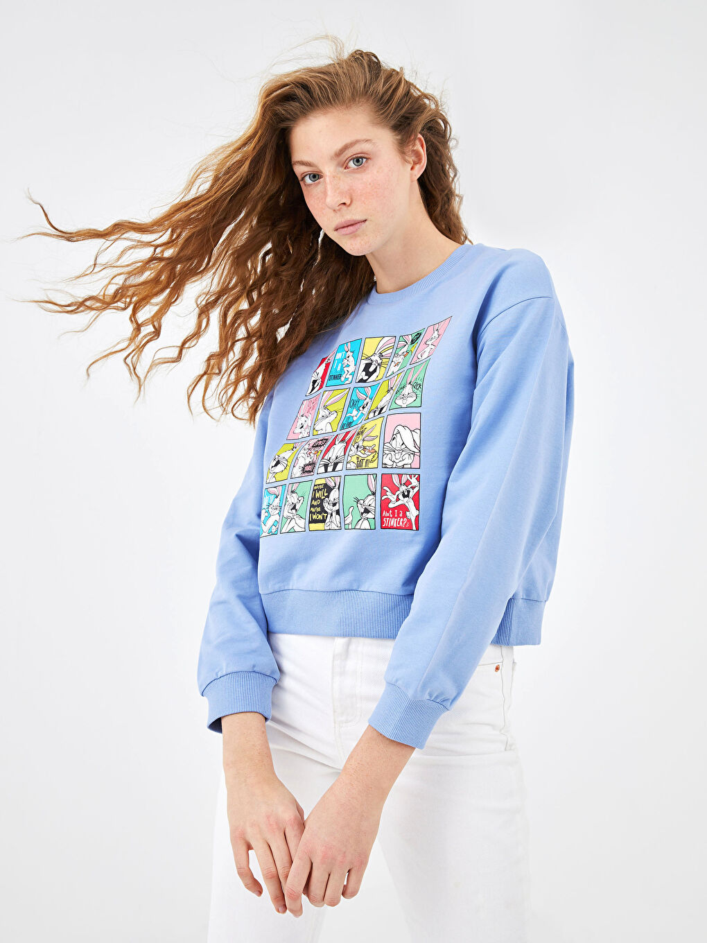 Mavi Bisiklet Yaka Bugs Bunny Baskılı Uzun Kollu Kadın Sweatshirt-1