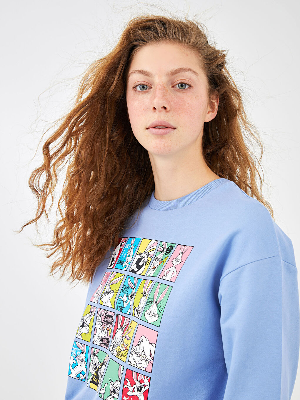 Mavi Bisiklet Yaka Bugs Bunny Baskılı Uzun Kollu Kadın Sweatshirt-2