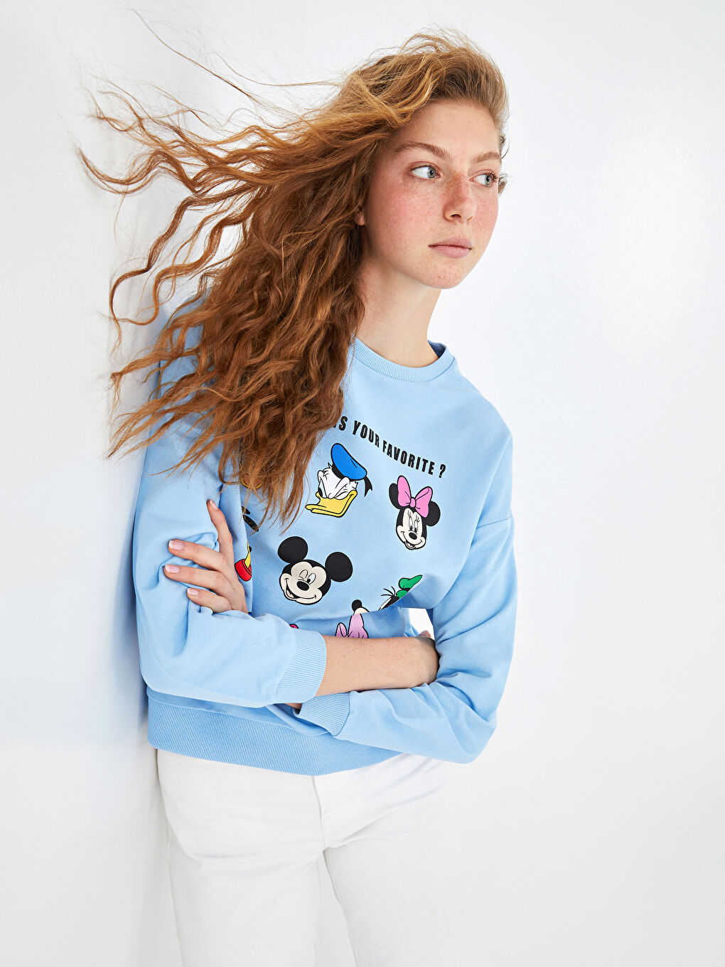 XSIDE Mavi Bisiklet Yaka Mickey ve Arkadaşları Baskılı Uzun Kollu Kadın Sweatshirt