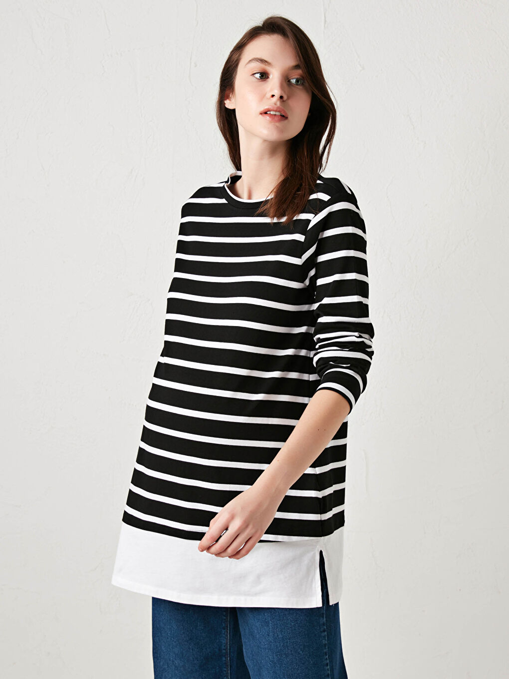 Siyah Bisiklet Yaka Çizgili Uzun Kollu Hamile Tunik-1