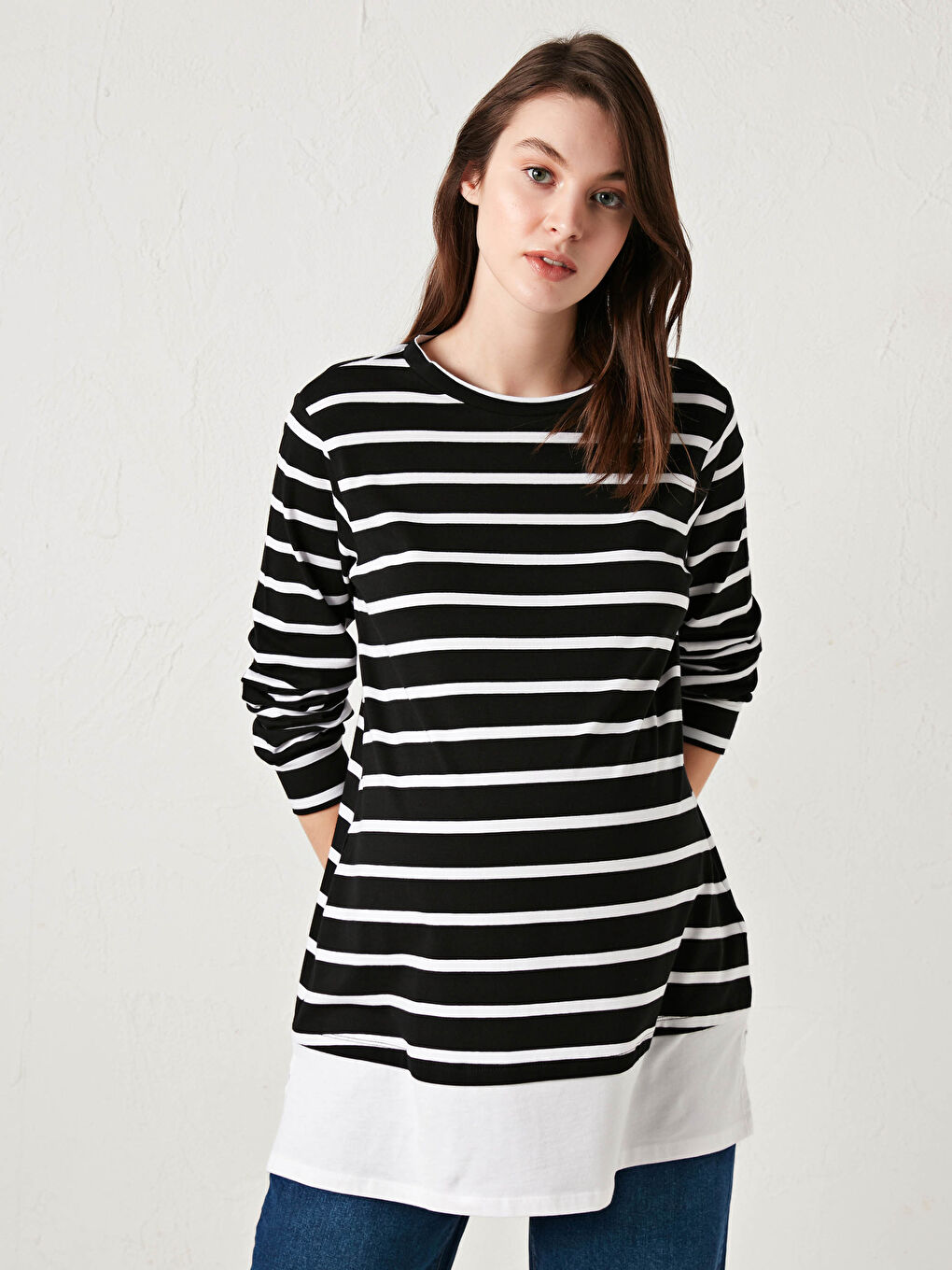 Siyah Bisiklet Yaka Çizgili Uzun Kollu Hamile Tunik-2