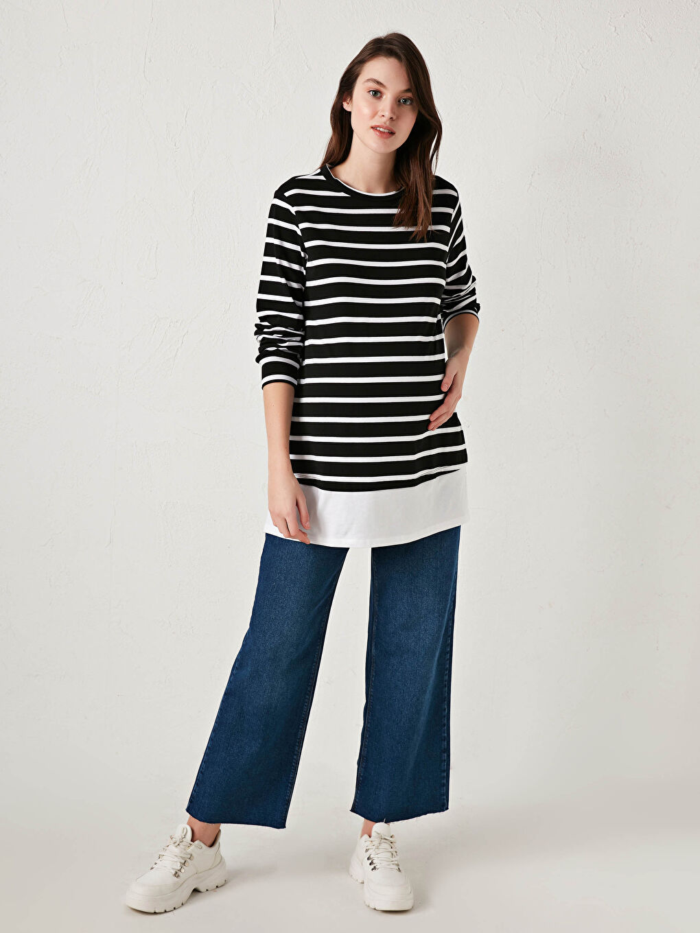 Siyah Bisiklet Yaka Çizgili Uzun Kollu Hamile Tunik-4