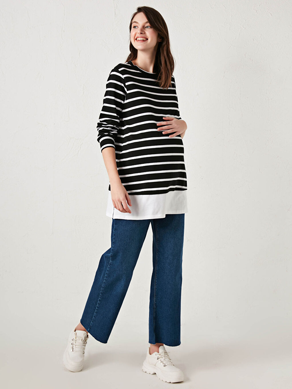 Siyah Bisiklet Yaka Çizgili Uzun Kollu Hamile Tunik
