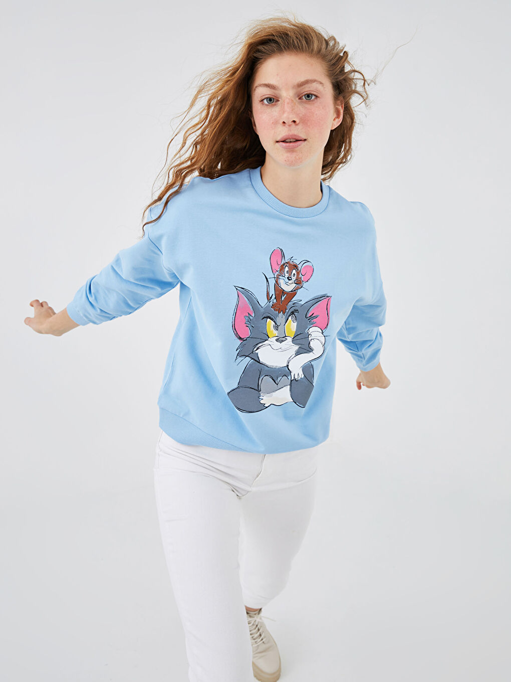 Sweat-shirt Imprimé Tom & Jerry à Col Rond pour Femmes-1