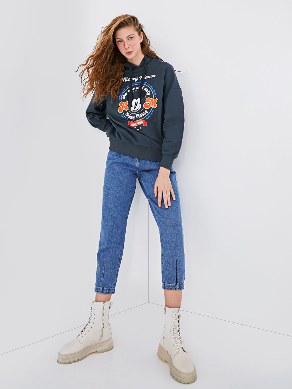 Antrasit Mickey Mouse Baskılı Uzun Kollu Oversize Kadın Hoodie-4