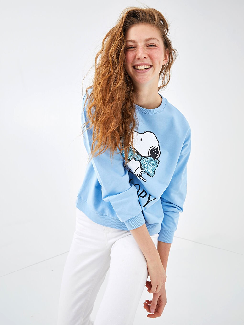 XSIDE Mavi Bisiklet Yaka Snoopy Baskılı Uzun Kollu Kadın  Sweatshirt - 3