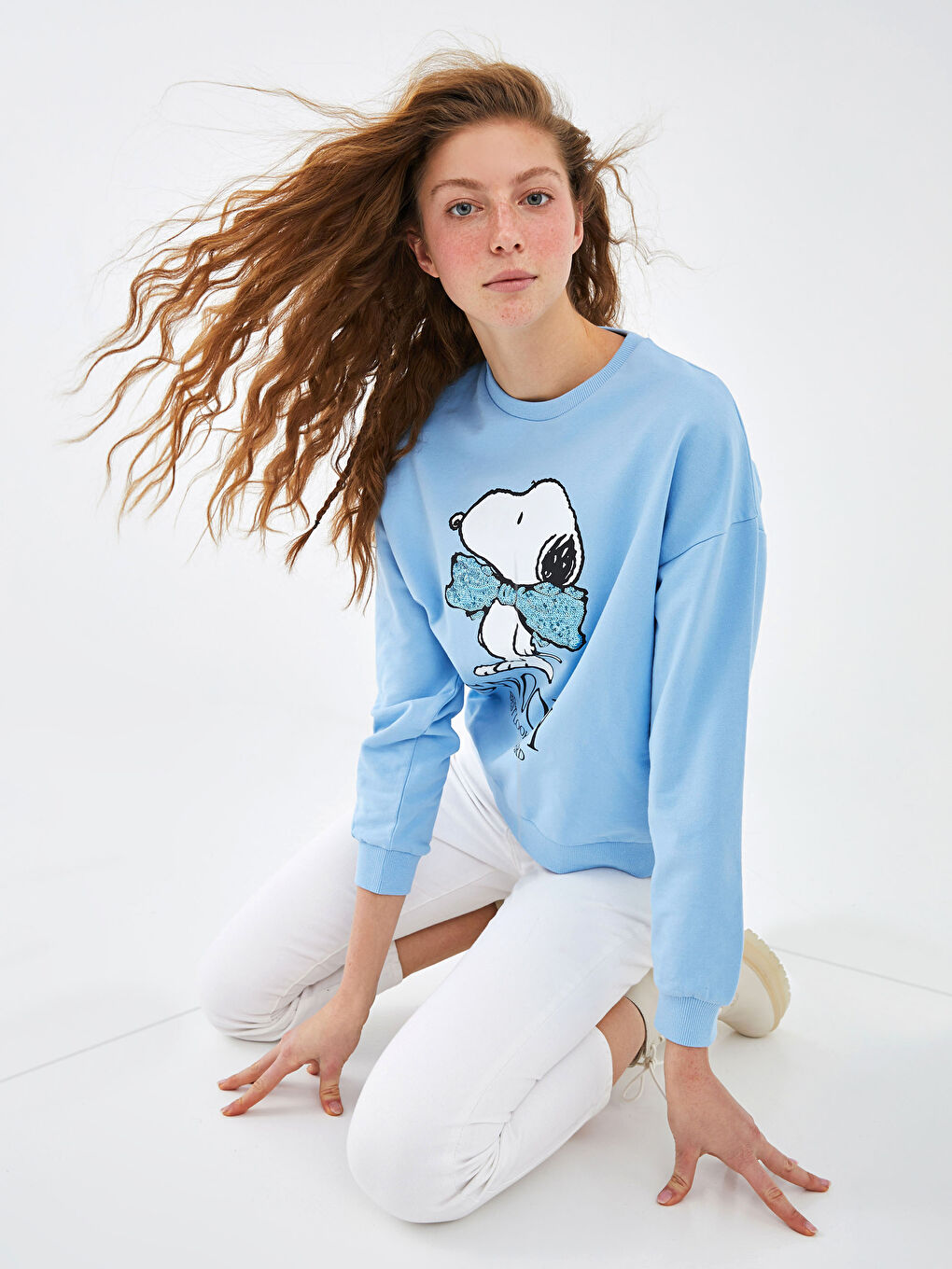 XSIDE Mavi Bisiklet Yaka Snoopy Baskılı Uzun Kollu Kadın  Sweatshirt