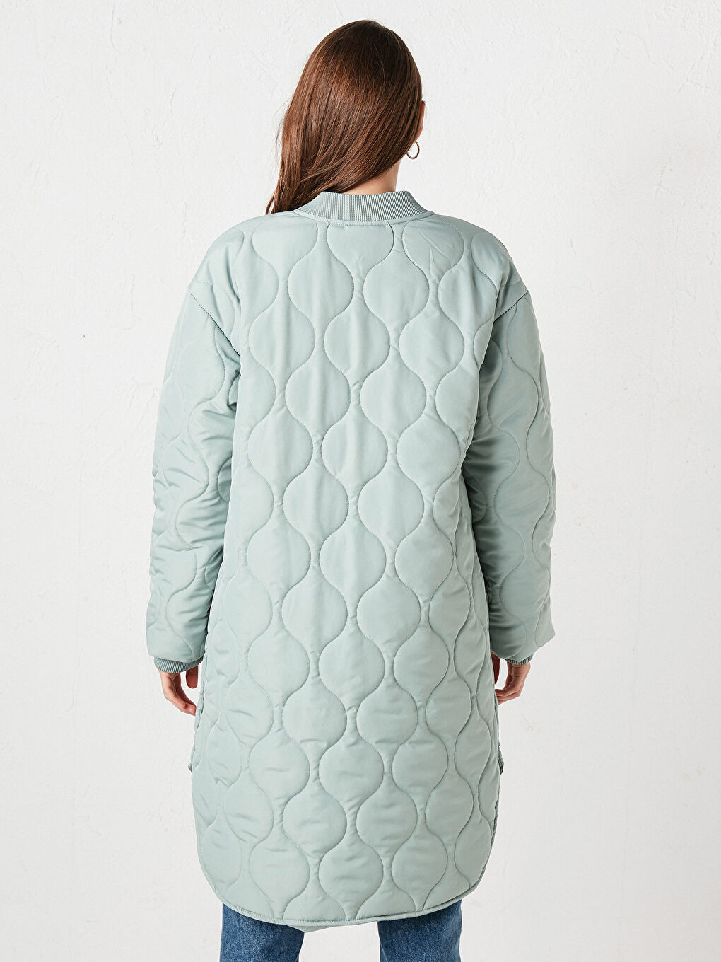 Haki Dik Yaka Desenli Uzun Kollu Kadın Yağmurluk-4