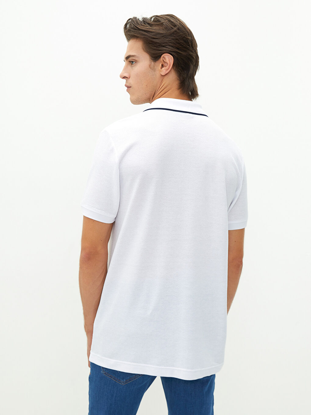 Beyaz Polo Yaka Kısa Kollu Erkek Tişört-4