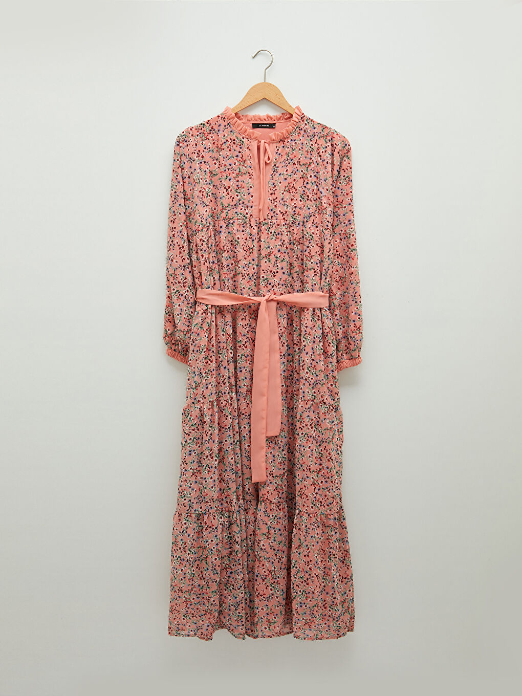 Robe en Chiffon à Col Lavallière Imprimée Florale Ceinturée à la Taille à Manches Longues pour Femmes-6