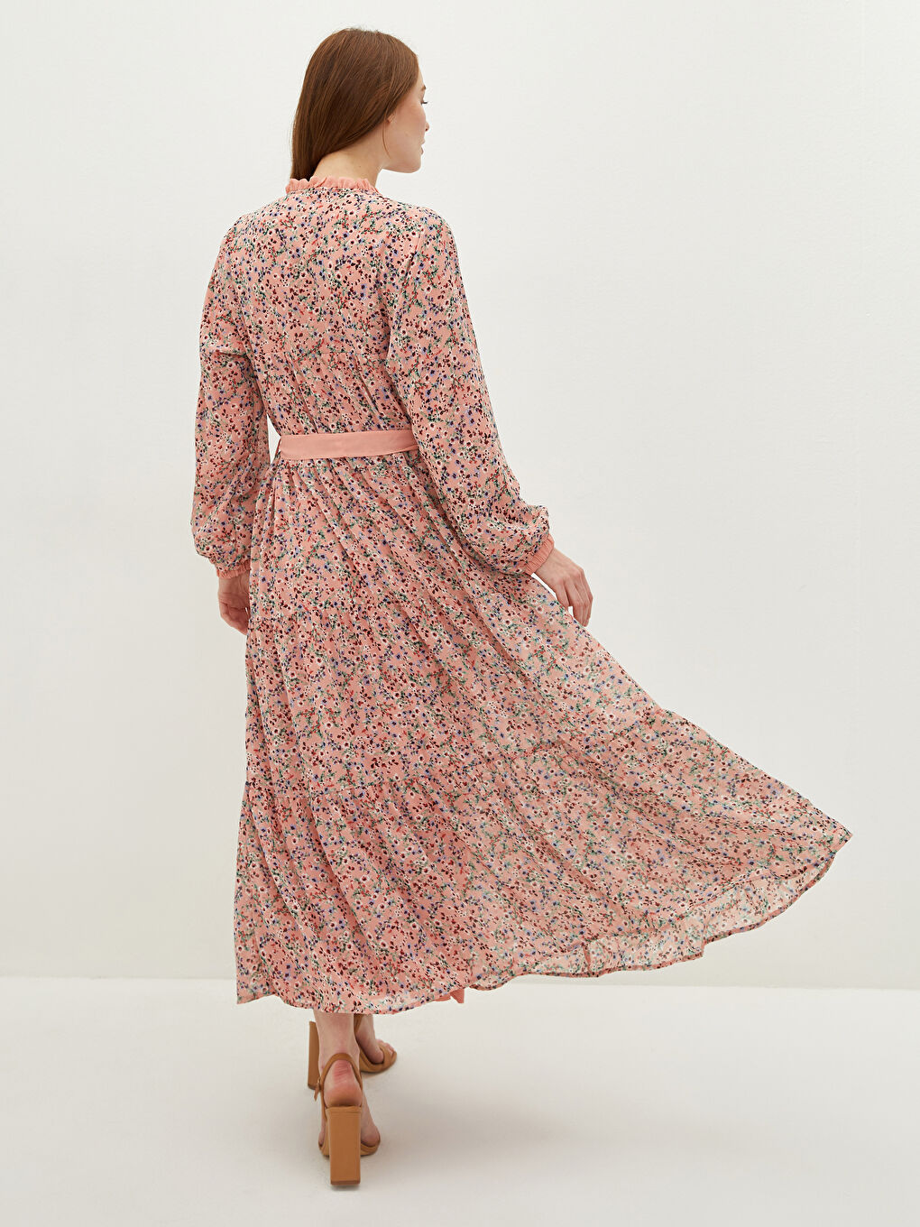 Robe en Chiffon à Col Lavallière Imprimée Florale Ceinturée à la Taille à Manches Longues pour Femmes-5