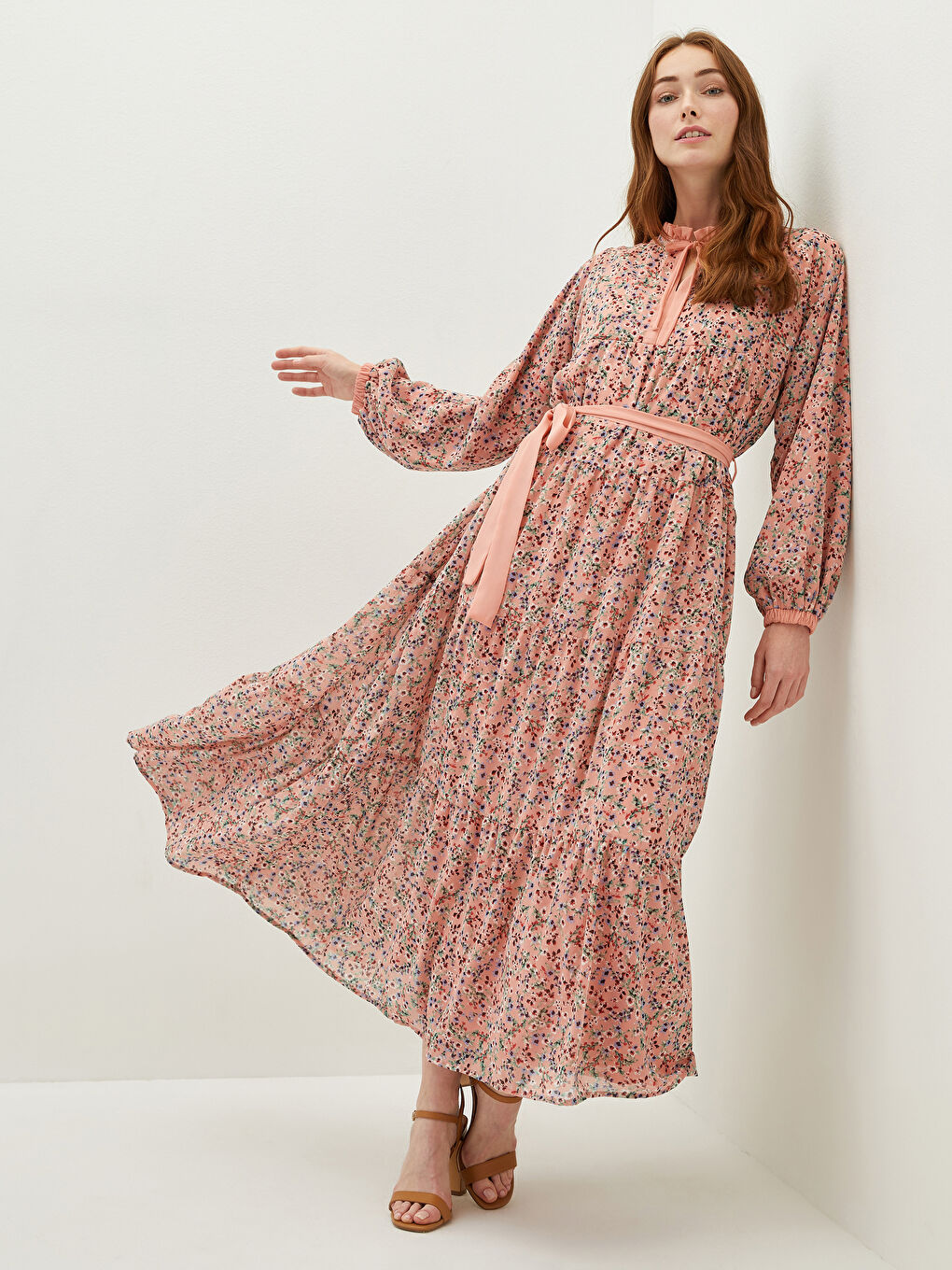 Robe en Chiffon à Col Lavallière Imprimée Florale Ceinturée à la Taille à Manches Longues pour Femmes