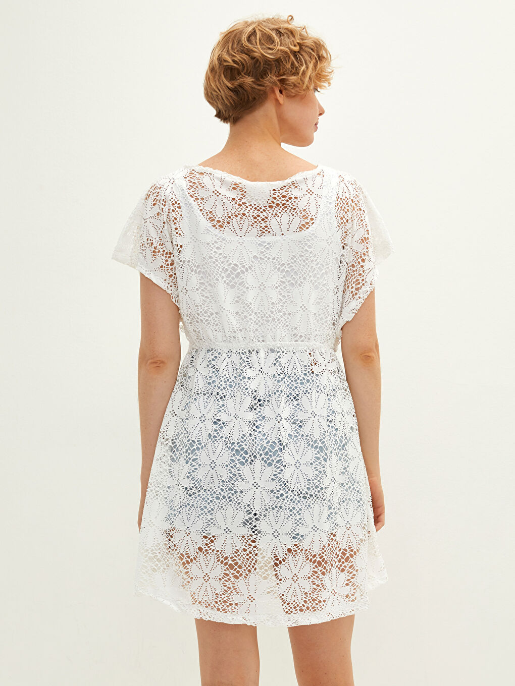 Rochie De Plajă Damă Din Dantelă Cu Mânecă Scurtă Și Decolteu În V-4