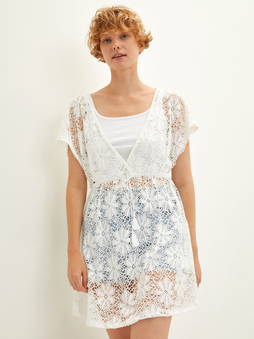 Rochie De Plajă Damă Din Dantelă Cu Mânecă Scurtă Și Decolteu În V