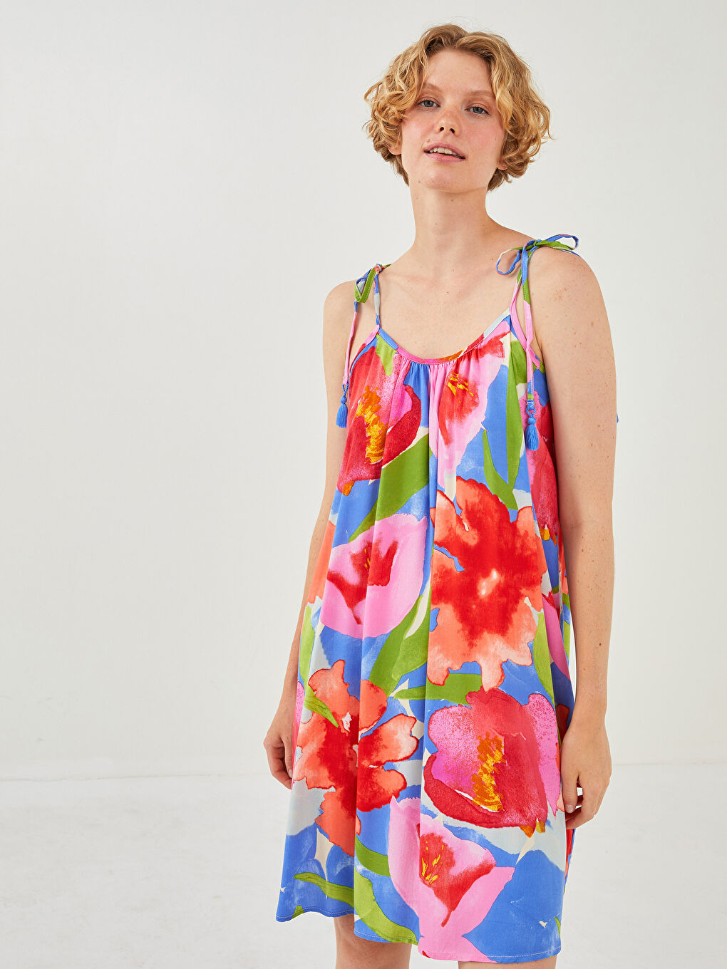 Rochie de Plajă pentru Femei din Voal Imprimat cu Bretele Tip Frânghie-2