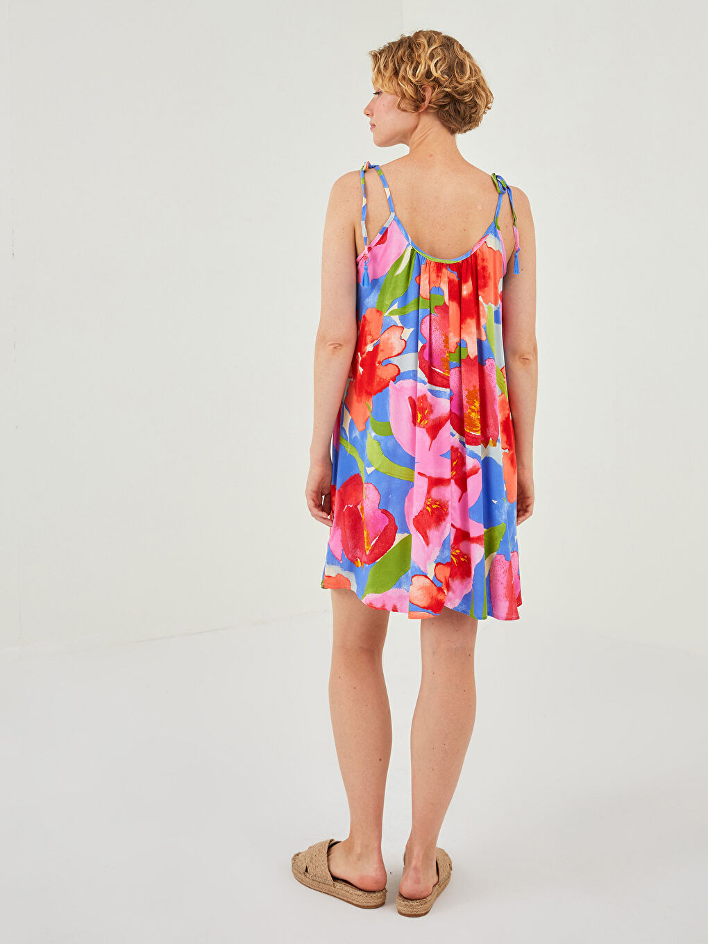 Rochie de Plajă pentru Femei din Voal Imprimat cu Bretele Tip Frânghie-4