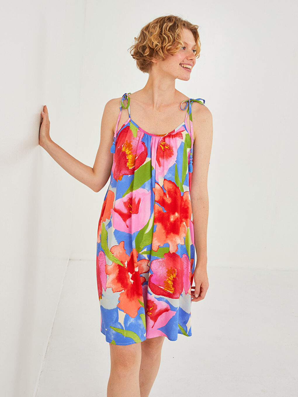 Rochie de Plajă pentru Femei din Voal Imprimat cu Bretele Tip Frânghie-1