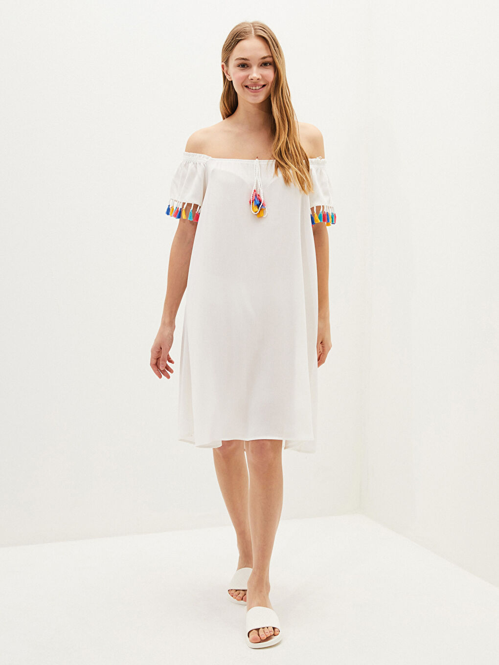 Boat Neck Tassel Detailed Voile Fabric Women's Beach Dress