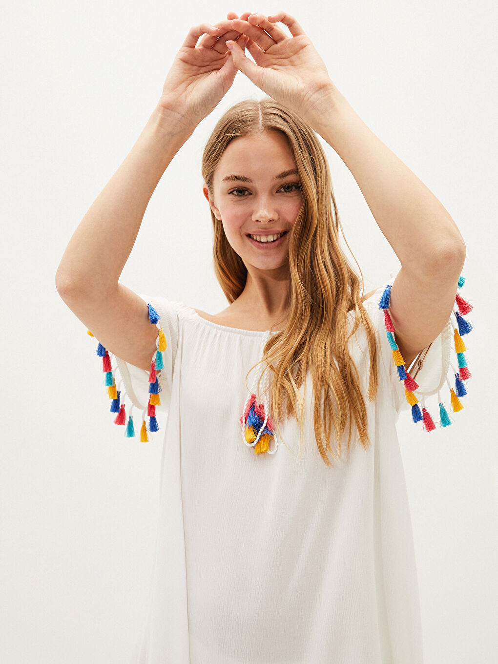 Boat Neck Tassel Detailed Voile Fabric Women's Beach Dress-1