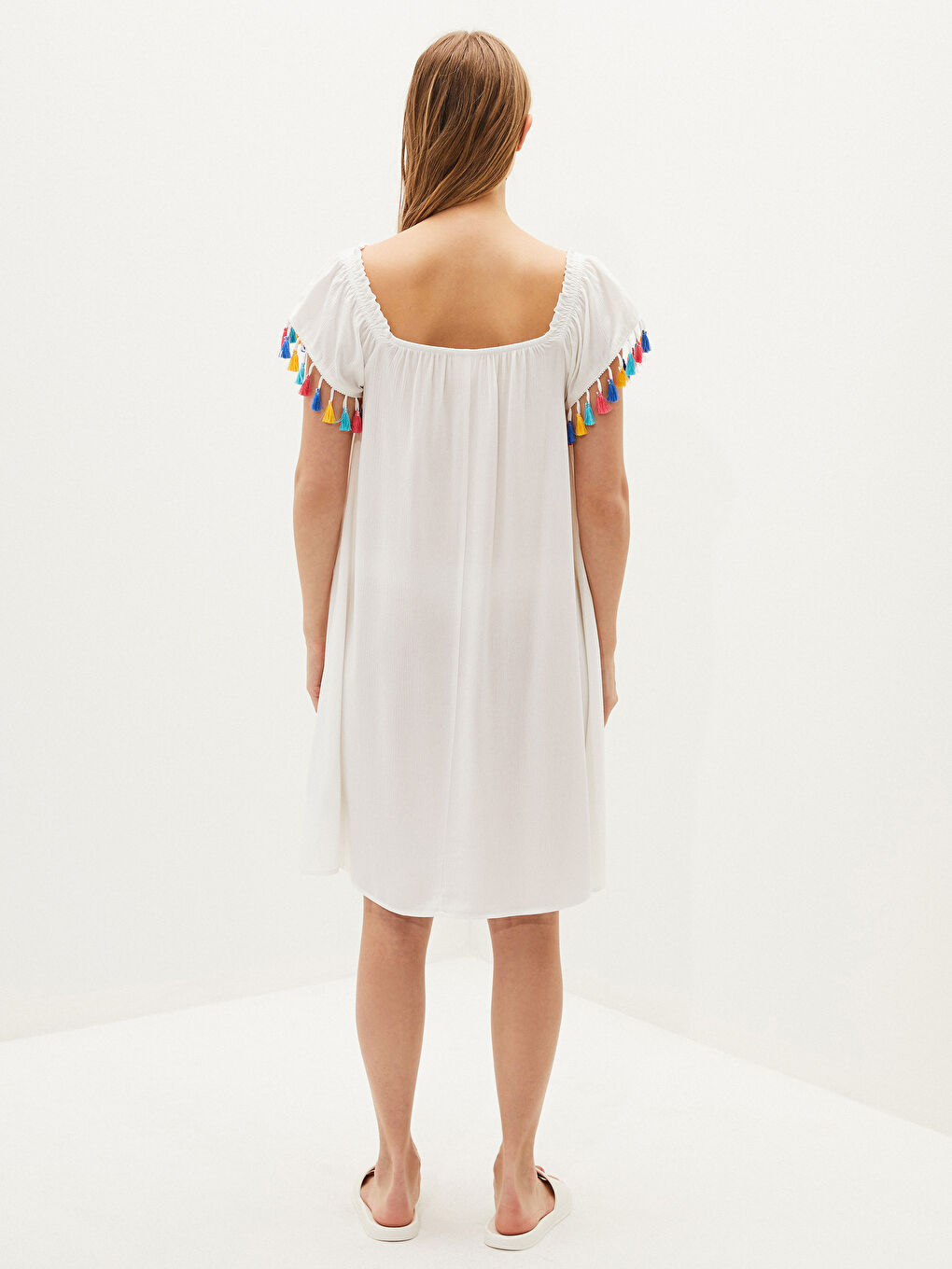 Boat Neck Tassel Detailed Voile Fabric Women's Beach Dress-3