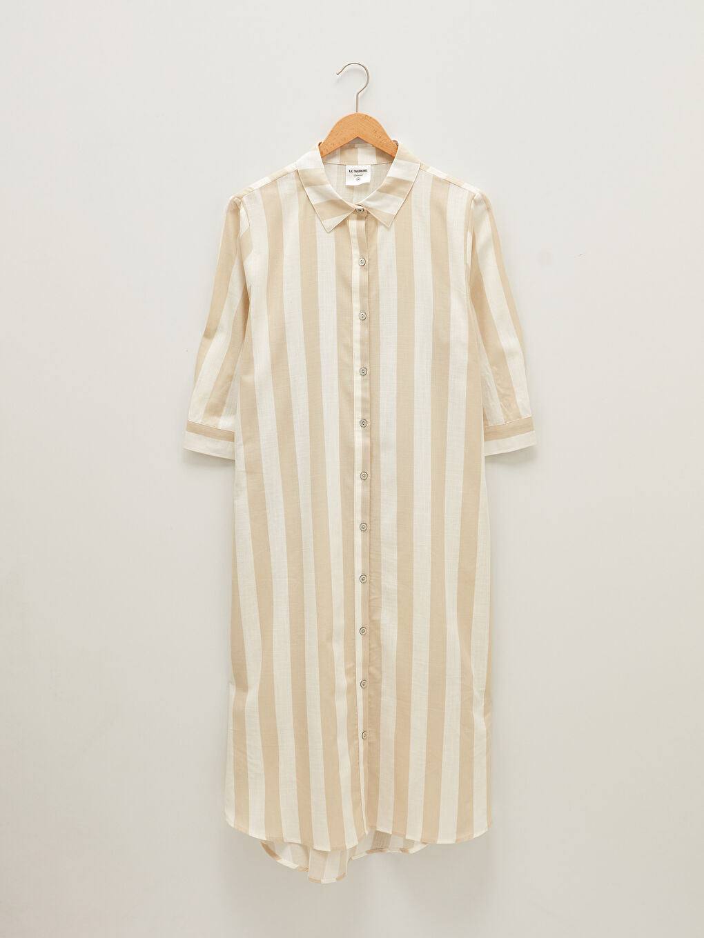 فستان الشاطئ كم طويل مخطط ياقة القميص قماش بوبلين للسيدات-5