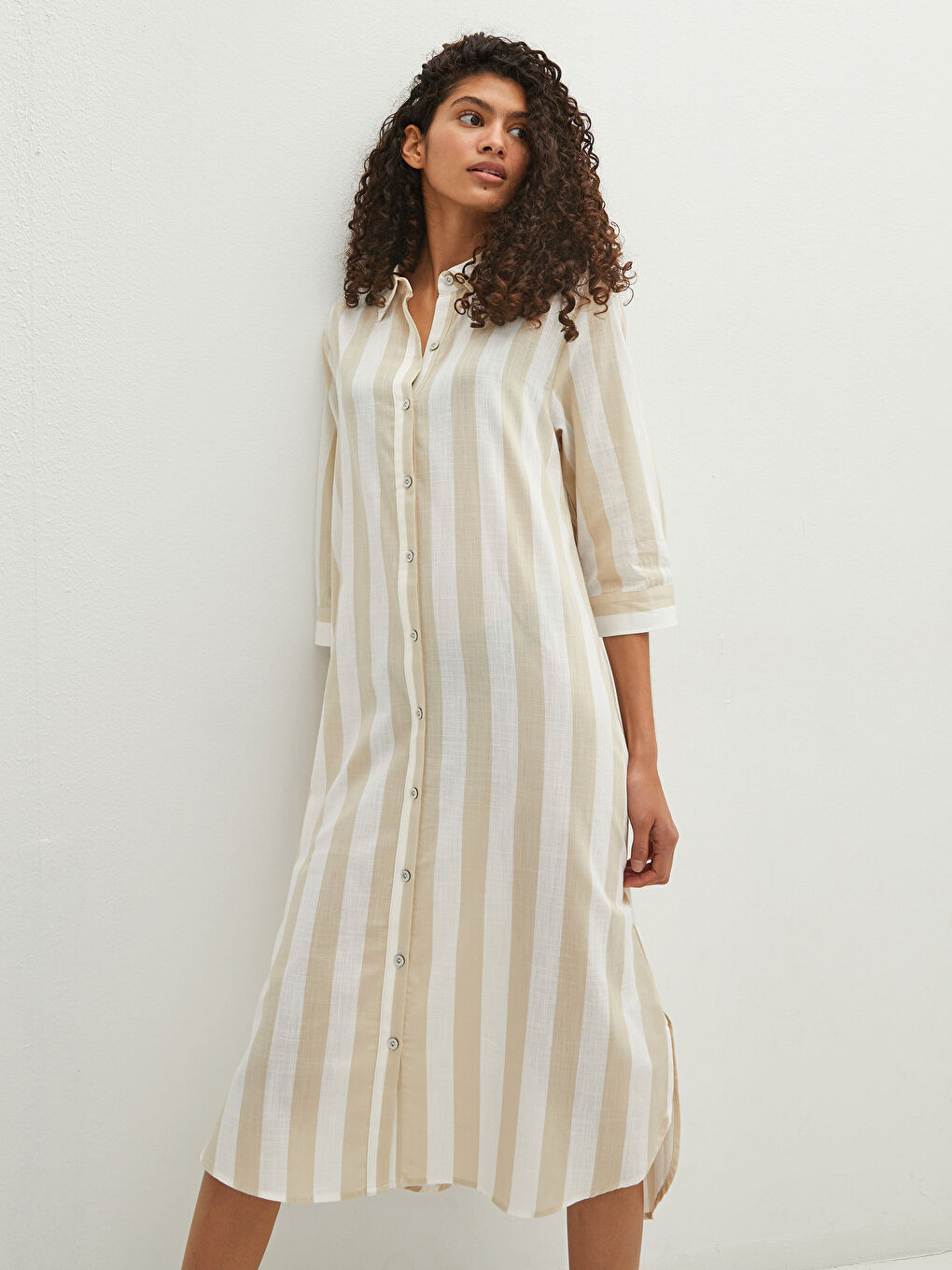 فستان الشاطئ كم طويل مخطط ياقة القميص قماش بوبلين للسيدات-2