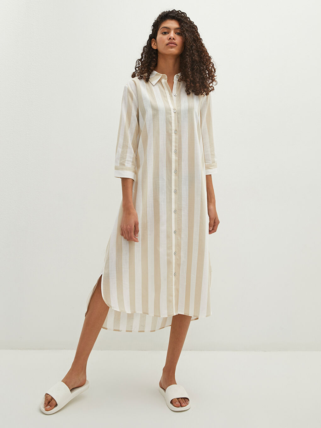 فستان الشاطئ كم طويل مخطط ياقة القميص قماش بوبلين للسيدات