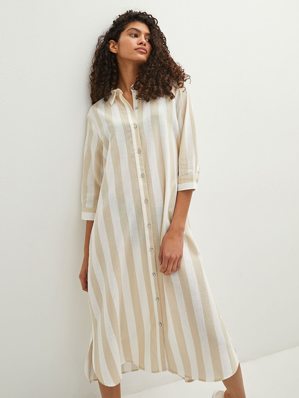 فستان الشاطئ كم طويل مخطط ياقة القميص قماش بوبلين للسيدات-1