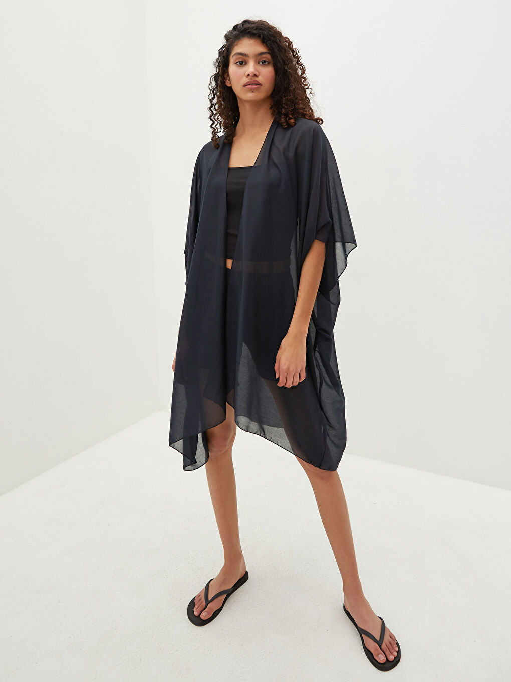 Double Breasted Collar Straight Short Sleeve Voile Fabric Women Kimono-1