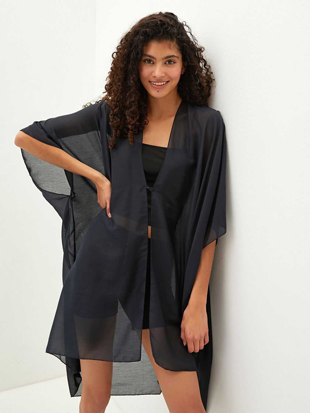Double Breasted Collar Straight Short Sleeve Voile Fabric Women Kimono-4
