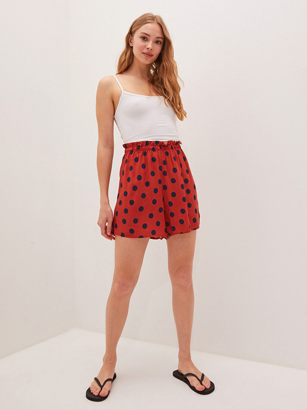 Shorts Pour Femmes À Taille Élastique En Voile À Pois-2