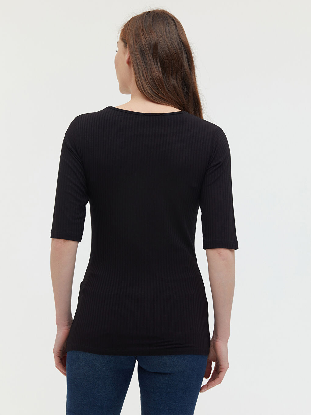 Siyah U Yaka Basic Kısa Kollu Viskon Kadın Tişört-9