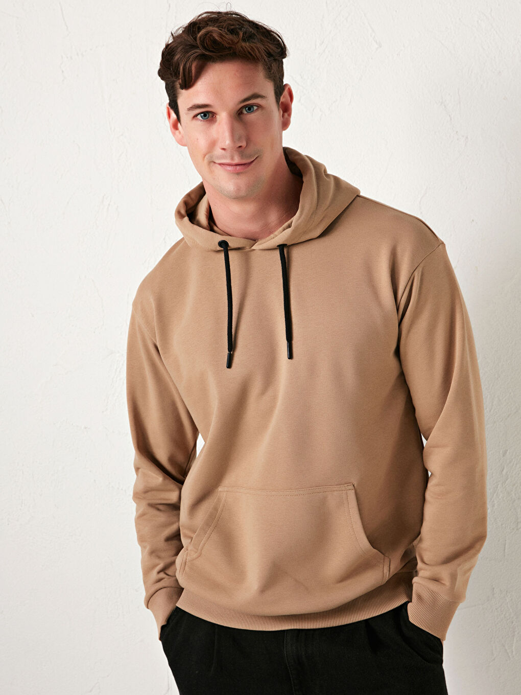 Bej Uzun Kollu Basic Kalın Erkek Hoodie