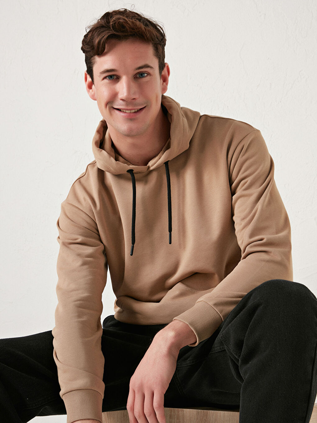 Bej Uzun Kollu Basic Kalın Erkek Hoodie-1