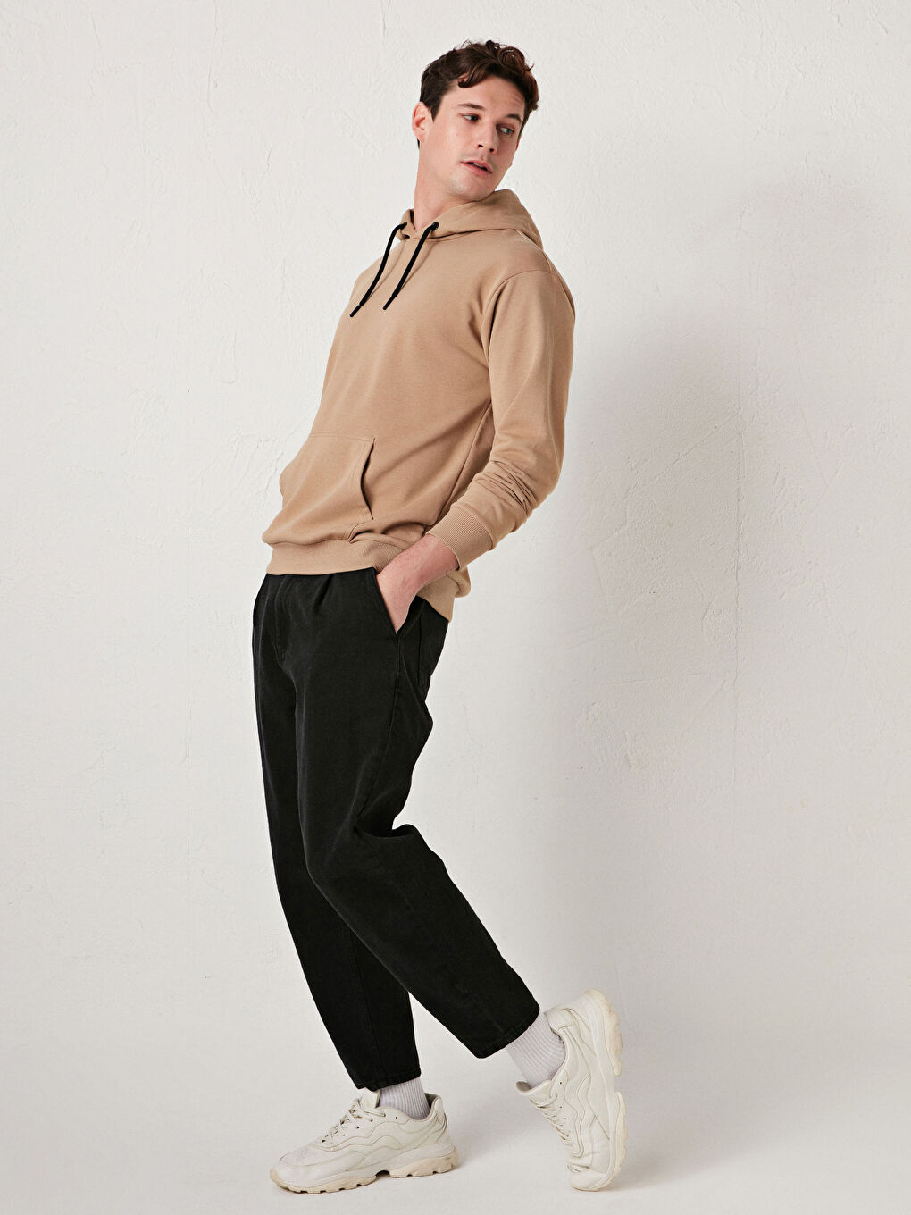 Bej Uzun Kollu Basic Kalın Erkek Hoodie-2