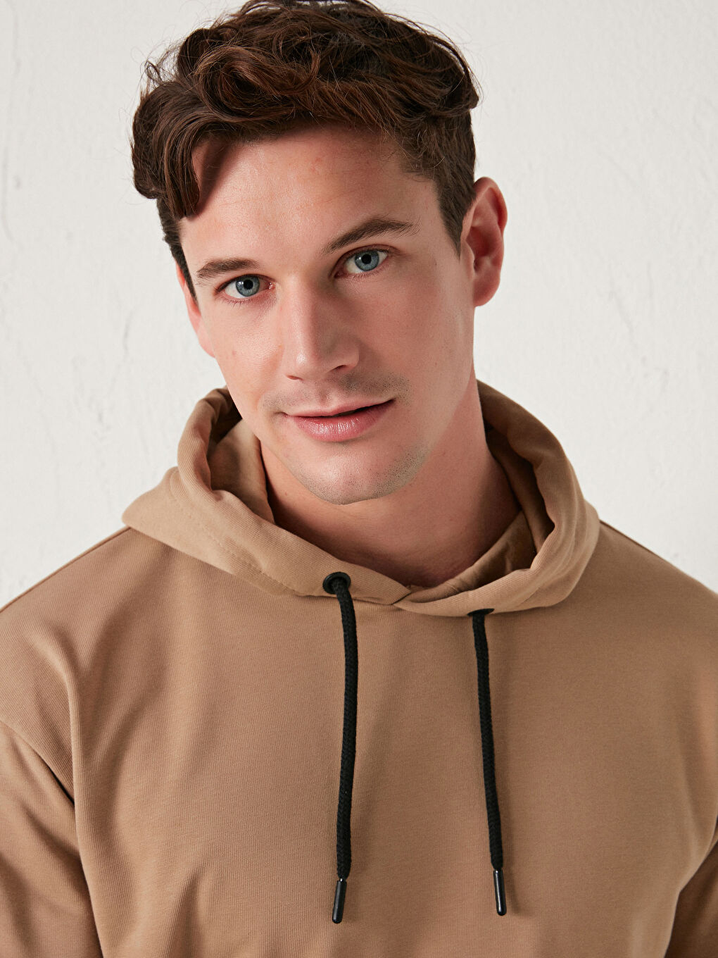 Bej Uzun Kollu Basic Kalın Erkek Hoodie-3