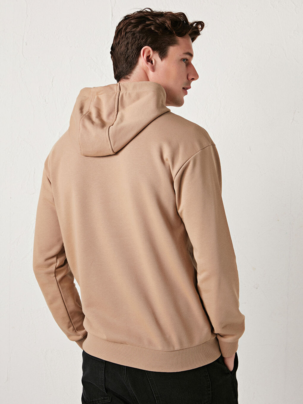 Bej Uzun Kollu Basic Kalın Erkek Hoodie-4
