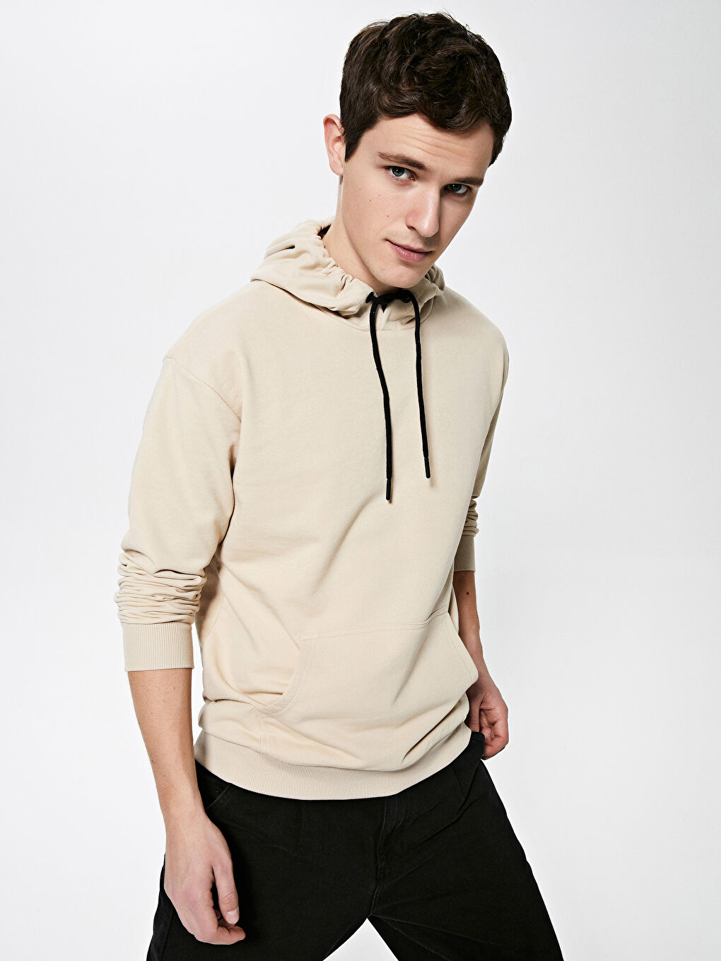 Bej Uzun Kollu Basic Kalın Erkek Hoodie