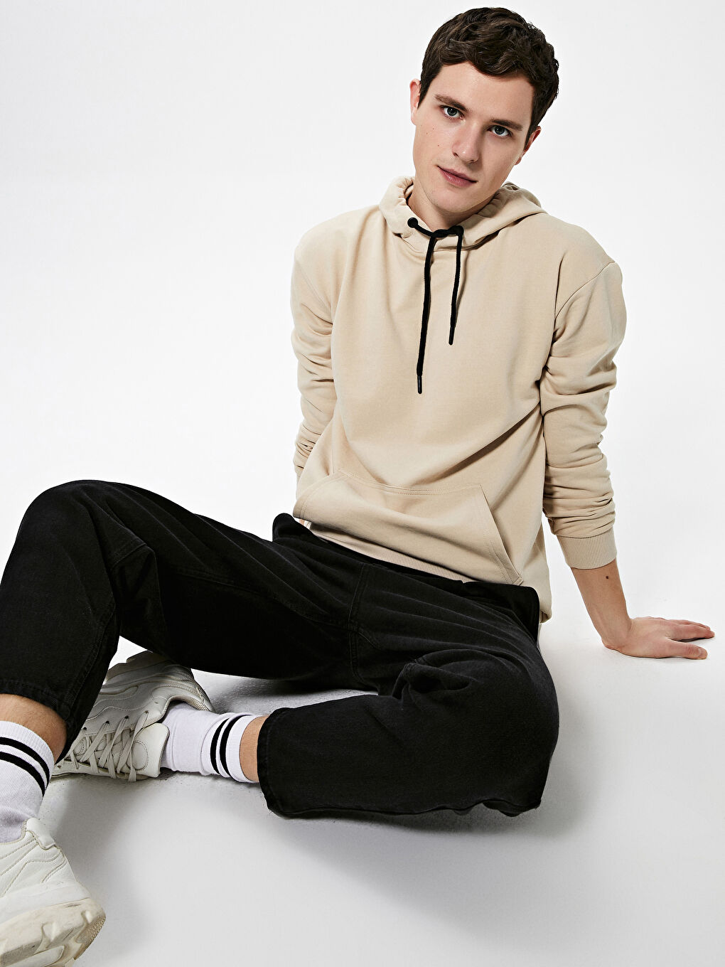 Bej Uzun Kollu Basic Kalın Erkek Hoodie-1