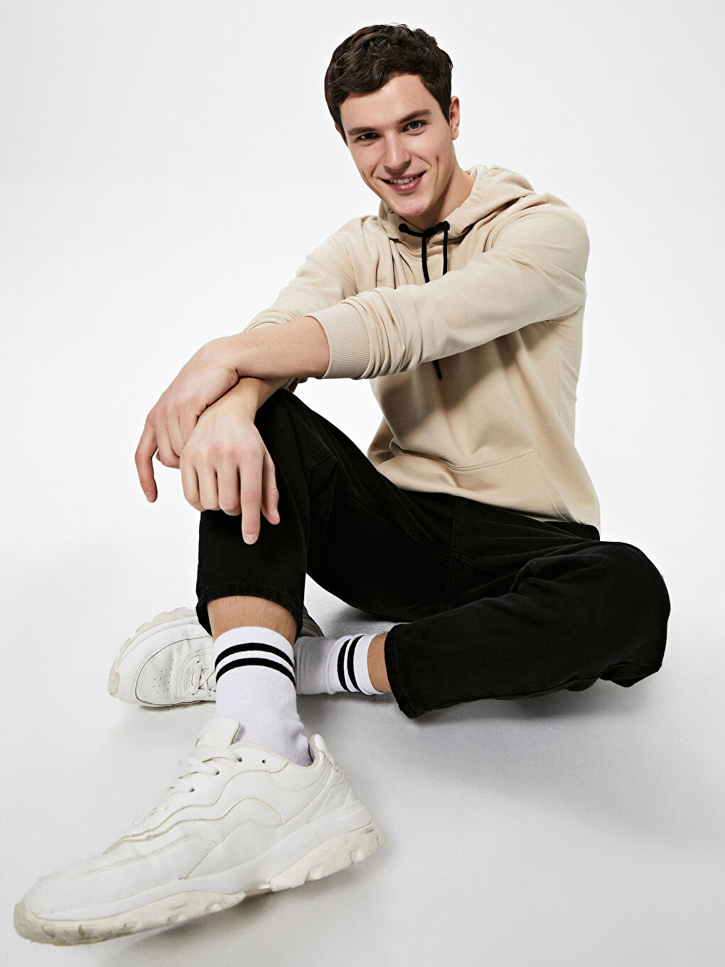 Bej Uzun Kollu Basic Kalın Erkek Hoodie-2