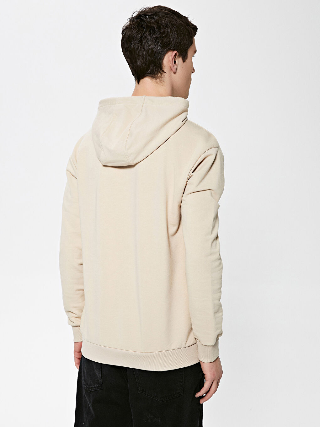 Bej Uzun Kollu Basic Kalın Erkek Hoodie-4