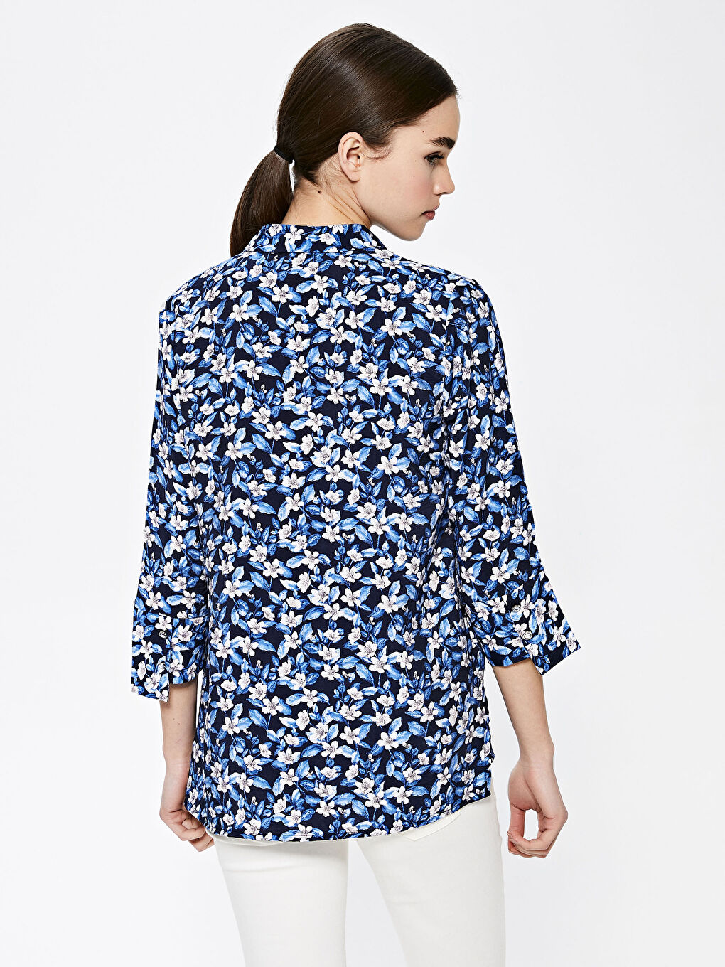 Lacivert Çiçek Baskılı Kadın Poplin Gömlek-4