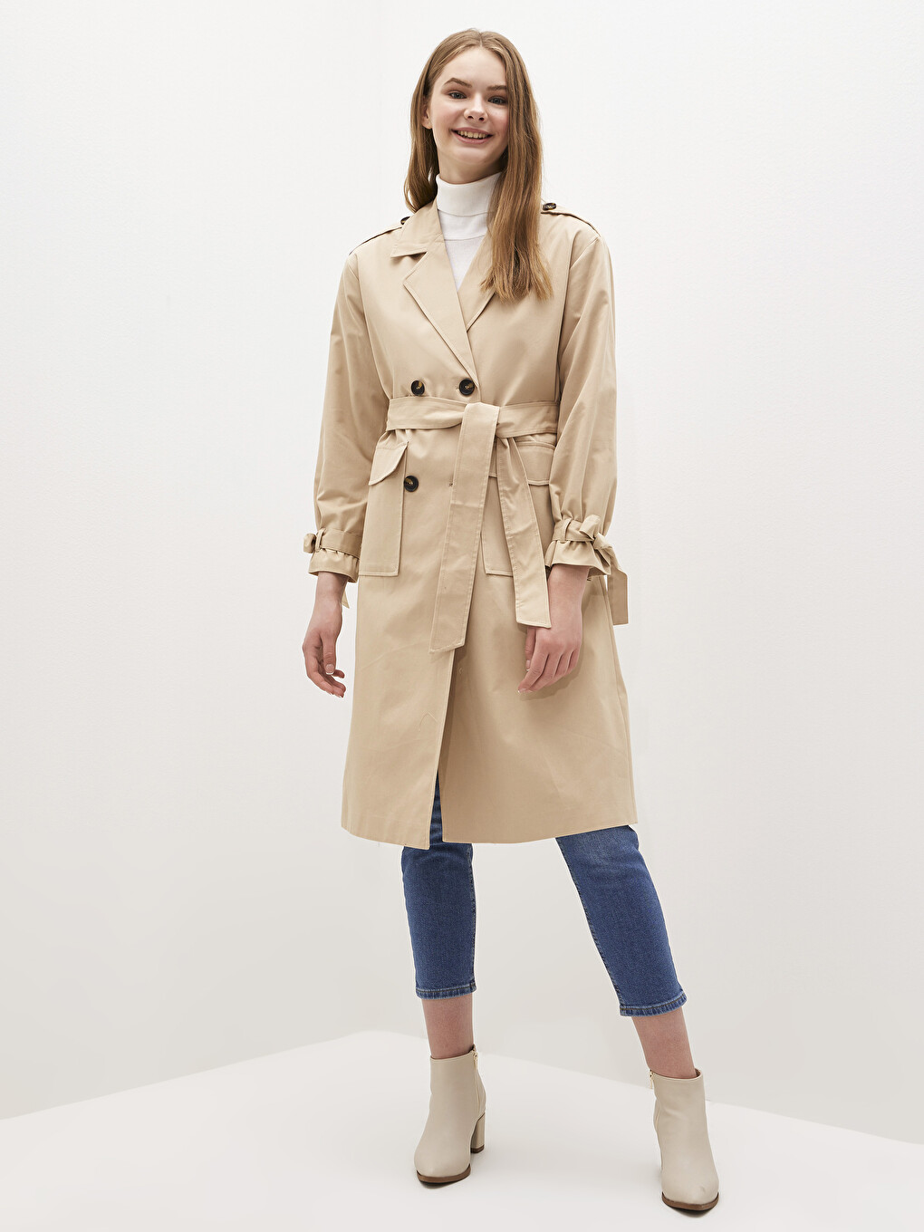 Jacket Collar Slogan Printed Belted Long Sleeve Oversize Women's Trench Coat-1
