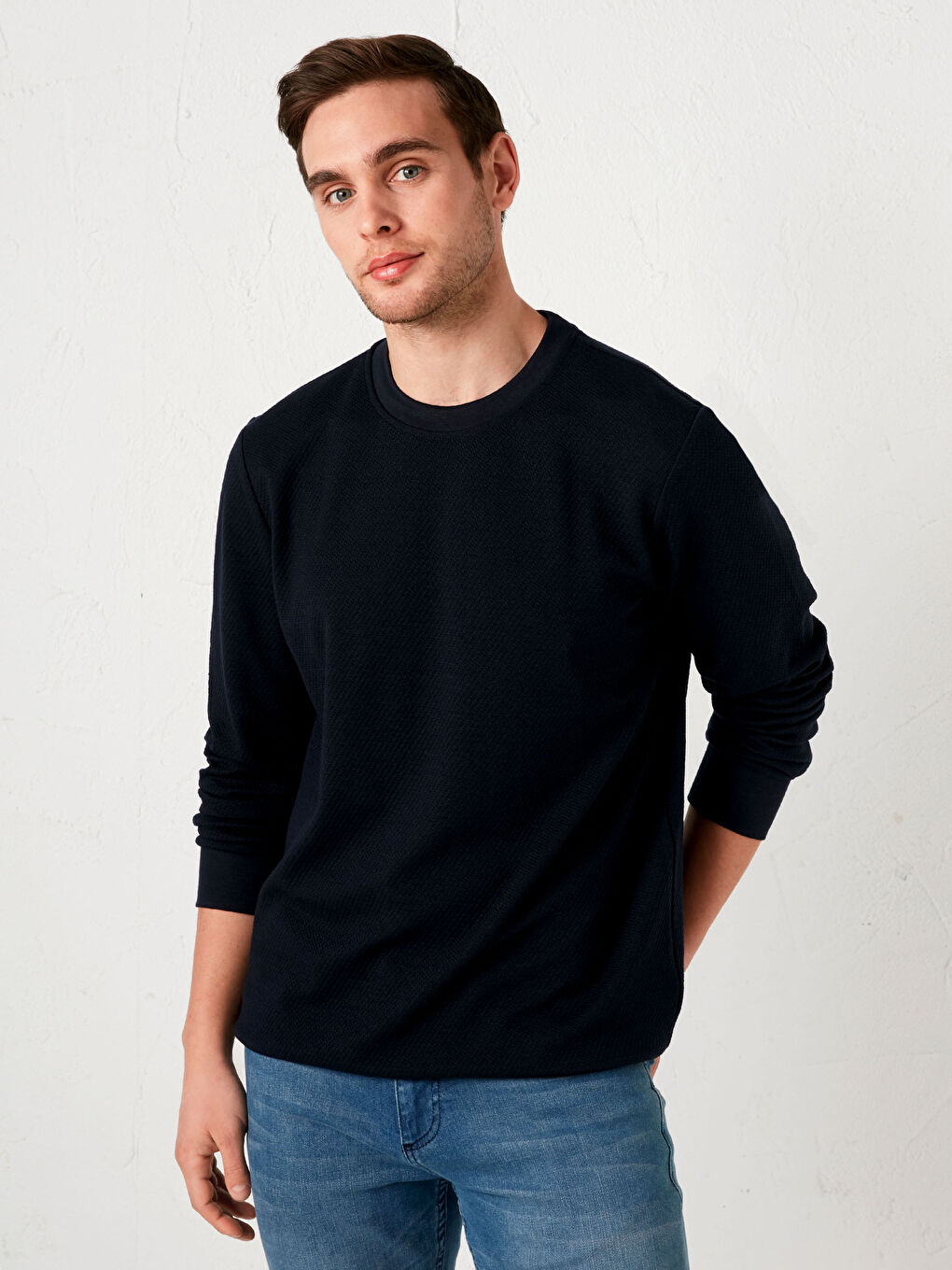 Lacivert Bisiklet Yaka Uzun Kollu Basic Erkek Sweatshirt