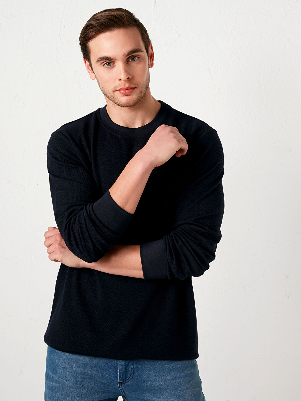 Lacivert Bisiklet Yaka Uzun Kollu Basic Erkek Sweatshirt-1